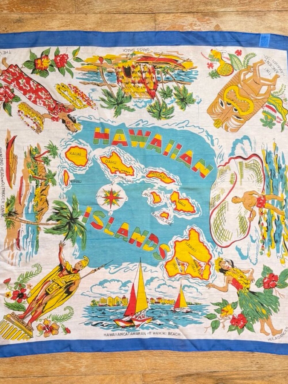 Vintage Hawaiian Islands Acetate Scarf Map Print Hula Dancer Tiki Motif 1960s